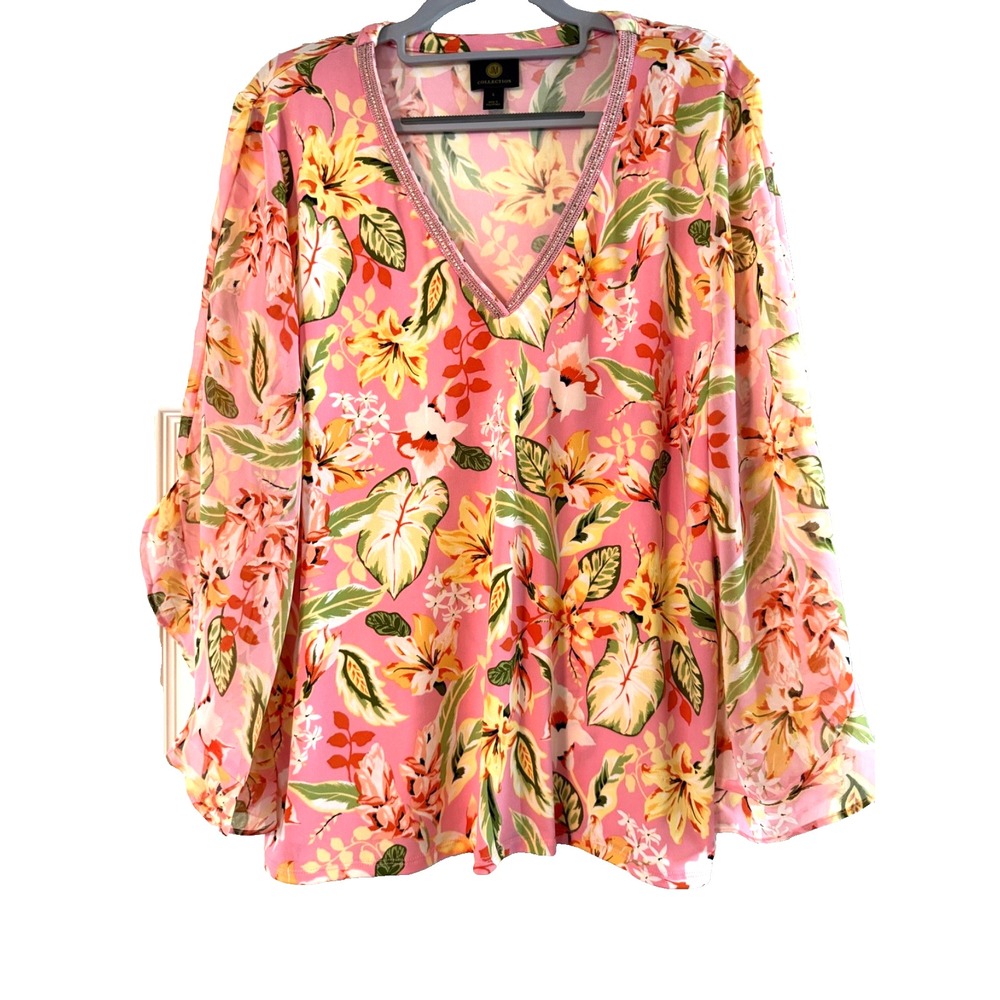 JM Collection Women's Top Large w/Beaded V Neck & Sheer Bell Sleeves